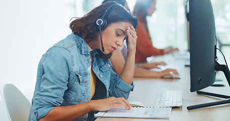 Image showing Stress, headache and burnout woman at call center, feeling tired or exhausted. Mental health, anxiety or female sales agent, consultant or telemarketing employee with depression or migraine in office