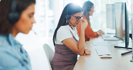 Image showing Headache, stress and woman call center consultant working with a burnout in a coworking office. Migraine, frustrated and overworked female telemarketing agent consulting online for ecommerce sales.