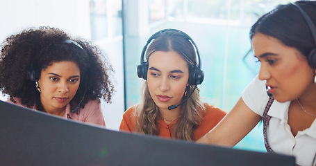 Image showing Business, women and call center with employee, manager and conversation for process, system and workplace. Female agents talking, headset and coworkers for customer support, telemarketing and support