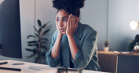 Image showing Business, computer and woman tired, burnout and headache with work, schedule and planning in office. Female, ceo and entrepreneur overworked, stress and depression with pain, mental health and online