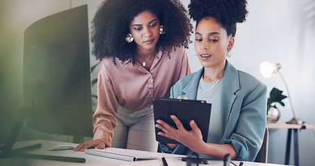 Image showing Computer, black african american woman or manager coaching, training or helping an employee with mentorship at office desk. Leadership, collaboration or worker with a question talking or speaking of