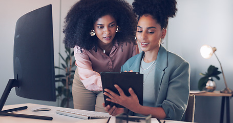 Image showing Computer, black african american woman or manager coaching, training or helping an employee with mentorship at office desk. Leadership, collaboration or worker with a question talking or speaking of