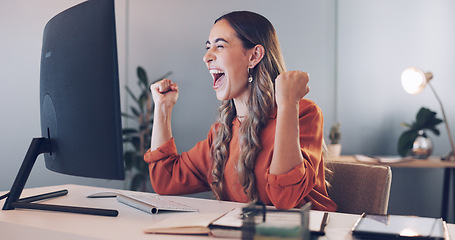 Image showing Headache, computer or woman copywriting with stress, burnout or mental health problems at office desk. Migraine, anxiety or employee in pain while working on digital marketing content or media post