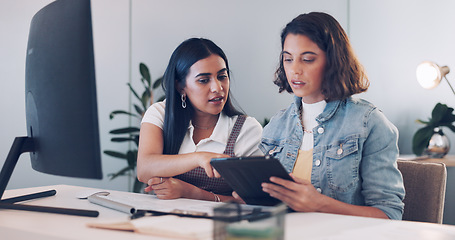 Image showing Tablet, computer or manager coaching an employee in digital marketing, copywriting or email marketing. Leadership, mentorship or women talking or speaking of an online SEO