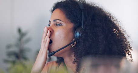 Image showing Customer service, tired and woman yawning in call center office on night shift. Fatigue, working late and face of black woman, consultant and female sales agent yawn while telemarketing in workplace