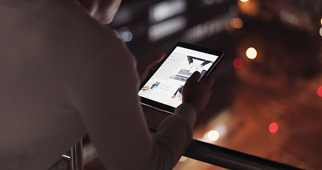 Image showing Man, tablet and city using night data to scroll on internet for global networking, about us information and digital marketing online. Male on internet for stock market investment website search