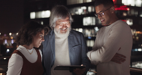 Image showing Business team, tablet and night on city building rooftop talking global networking, digital marketing and social media. Man and woman with 5g network on mobile stock market app for innovation idea