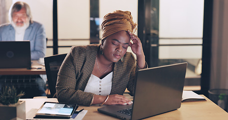 Image showing Business, stress and black woman in office, night and overworked. African American female, employee and administrator with depression, tired and burnout for deadline, online schedule and anxiety.