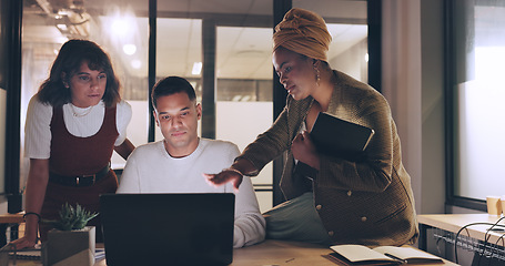 Image showing Laptop, tablet and business people teamwork on night project, digital finance portfolio or feedback review of stock market research. Financial economy, investment collaboration and trader trading nft