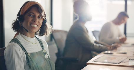 Image showing Telemarketing, call center and face of a woman in customer service, crm consulting and online support. Contact us, customer support and portrait of a consultant with a smile for help desk work