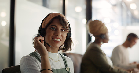 Image showing Telemarketing, call center and face of a woman in customer service, crm consulting and online support. Contact us, customer support and portrait of a consultant with a smile for help desk work