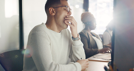 Image showing Man tired at call center, burnout and vision problem, focus fail and employee fatigue at customer service job. Contact us, CRM mistake and exhausted with headache and worker desk for customer care.