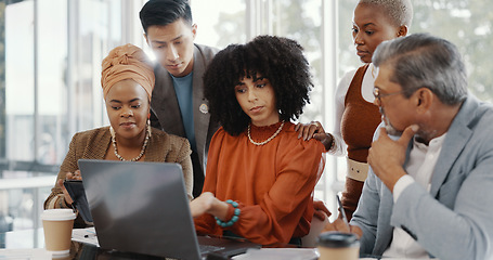 Image showing Team, business people and conversation with laptop, brainstorming for advertising campaign and office. Staff, teamwork and digital analysis for group project, sales growth and collaboration for goal