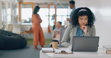 Image showing Thinking, laptop or black woman working on a digital marketing seo strategy for an advertising or digital agency. Typing, research or social media page editor copywriting an internet article or blog