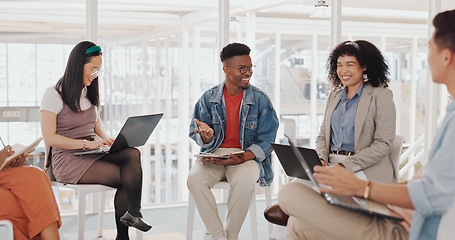 Image showing Business people, startup meeting or brainstorming in office for diversity, planning or teamwork strategy. Digital marketing team, laptop and discussion with group, think tank or conversation for idea