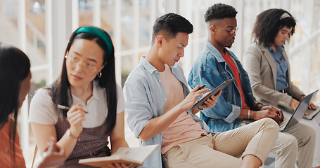 Image showing Diversity campus students with notebook, technology and study for college exam, university test or school course. Group row, scholarship education and people learning, studying and working on project