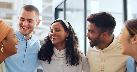 Image showing Office, diversity and business people hug for team building, teamwork and collaboration. Happy workers, smile and embrace in motivation, goals or vision of about us, company trust and startup growth