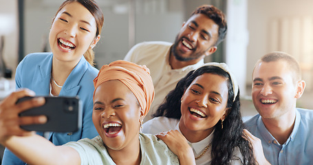 Image showing Business people, team and happy selfie with phone for social media, collaboration and startup success together. Diversity, group and workers take picture on smartphone, friends and about us in office