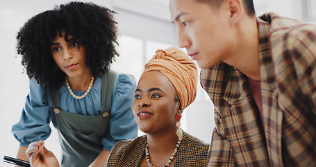 Image showing Business people, black woman and leadership with documents, folder and communication, collaboration and advice with tablet. Technology, paperwork and team with diversity in corporate office and pc.