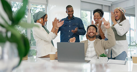 Image showing Dancing businessman, laughing or success clapping in company growth, sales deal or teamwork collaboration. Smile, happy or worker dance and diversity people in celebration, winner or victory applause