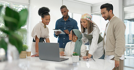 Image showing Coaching, collaboration and training, team at laptop in discussion on project management with manager. Leadership, planning and brainstorming, woman mentor teaching business staff at creative office.