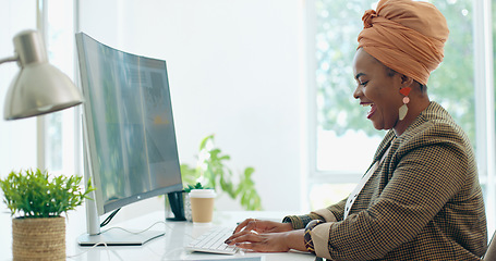 Image showing Corporate black woman, typing and celebration in office for success, promotion or winning at desk. African executive, celebrate and pc with email, communication or profit with smile, bonus and winner