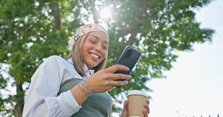 Image showing Phone, outdoor and happy woman for job opportunity, career news or online networking ideas, vision or goals. Smile business person, coffee break and smartphone for social media, 5g chat or mobile app