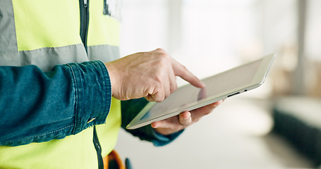 Image showing Building, digital tablet and construction worker hands planning and schedule at a site, checking online plan and strategy. Vision, design and engineer man working on project details for innovation