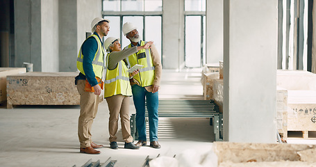 Image showing Digital tablet, site and engineering team working on construction, logistic and architecture project, Teamwork, collaboration and industrial contractor in discussion with workers in industry building