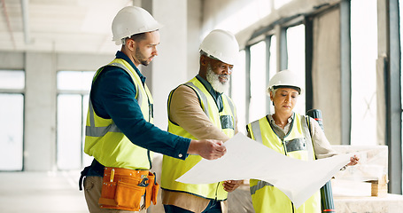 Image showing Architect, team and construction site blueprint with construction workers planning and sharing goal, vision and idea. Building, collaboration and model development teamwork on industrial layout