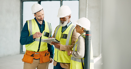 Image showing Engineer, contractor and architect with tablet in conversation on project management, strategy and planning. Teamwork, men and woman in construction for safety, building maintenance and architecture.