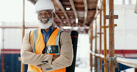 Image showing Building engineer, architect and construction worker with a black man standing arms crossed with a positive mindset, motivation and vision on scaffold. Portrait of mature male contractor with a smile