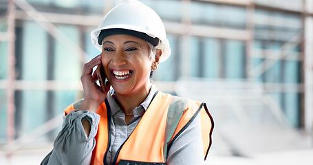 Image showing Construction site, contractor and happy woman developer phone call planning for logistics, industrial engineering and city project management. Laughing mature architect manager talking on smartphone