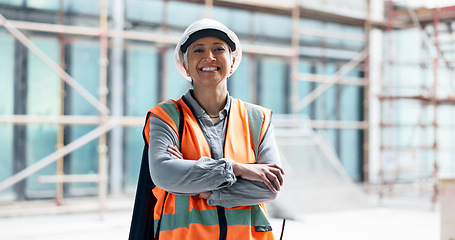 Image showing Building, architecture construction worker woman on site civil engineering development, industrial project and job motivation portrait. Happy, proud engineer or contractor manager with ppe compliance