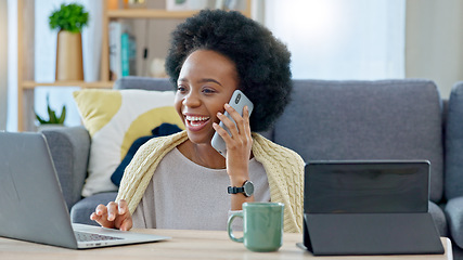 Image showing Woman, call and laptop budget planning conversation with online financial consultant to help with taxes on living room sofa. Black woman, work from home and remote internet fintech banking consulting