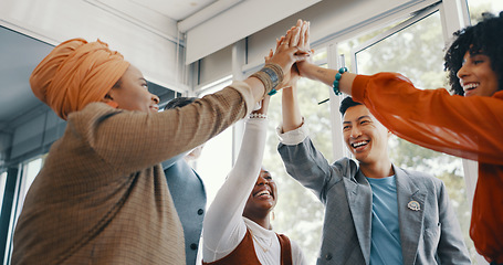 Image showing Success, team work or people high five in office for meeting sales kpi goals, winning or target achievement. Support, happy or employees in celebration of business growth, partnership or project deal