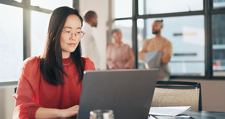 Image showing Business, technology and Asian woman in office, working with team on laptop, tablet and computer in workplace. Success, teamwork and female worker walking, meeting and planning for digital marketing