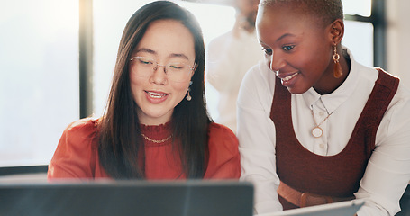 Image showing Business women, laptop or tablet in teamwork collaboration, digital marketing planning or branding strategy. Happy smile, talking creative designers and technology in coworking office or slow motion