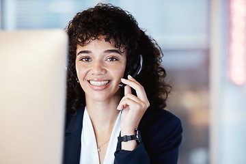 Image showing Portrait, call center consultant and black woman working on lead generation on a office call. Customer service, web support and contact us employee with a smile from online consulting job and career