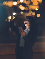 Image showing Phone, night stars and black woman outdoor checking galaxy and solar system on app. Happy, smile and young person in city pointing to star constellations at night with cellphone and web connection