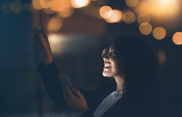 Image showing Phone, night stars and black woman outdoor checking stars and solar system with mobile app. Happy, smile and young person in city pointing to star constellations in the dark with cellphone and web