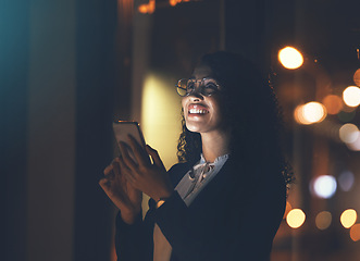 Image showing Social media, gps and woman with phone at night for communication, chat and app in city. Internet, location and girl thinking with a mobile for networking, conversation and call in the dark in Spain