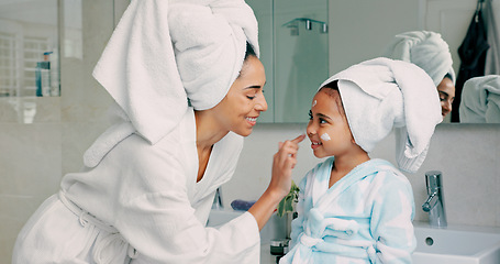 Image showing Home spa, mother and child doing morning beauty cleaning with family product for dermatology, cosmetic and skincare. Black woman and girl happy for wellness, health and skin cream or mask in bathroom
