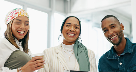 Image showing Business people, portrait or laughing in meeting and tablet, company joke or funny comic meme in office bonding. Smile, happy or creative women and man on technology in diversity teamwork or about us