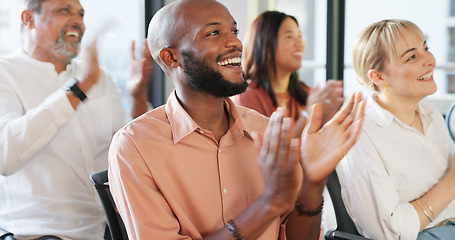 Image showing Applause, crowd and seminar with a business team clapping during a convention or training in the workplace. Conference, presentation and speech with a man and woman employee audience applauding