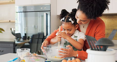 Image showing Cooking, kitchen and mother with child teaching, learning and working together for breakfast, cake or cookies in home development. Family mom and kid baking dessert with food, eggs, butter and flour