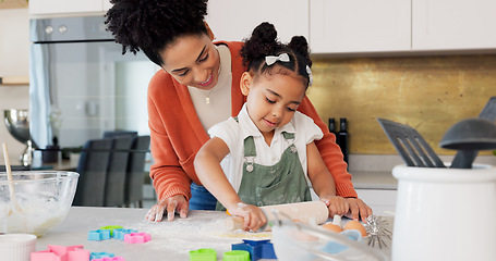 Image showing Cooking, mother and flour fun in kitchen with pin for baking, cookies and black family bonding in house. Mama, child and learning cookie baker skill in home with happy smile together with parent.