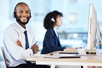 Image showing Crm, call center portrait and black man working on lead generation and kpi at a office. Customer service, web support and contact us employee with a smile from online consulting job and career