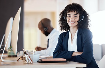Image showing Portrait, call center and black woman in a sales and lead generation consultant office. Customer service, digital web support and contact us employee with smile from online consulting job and career
