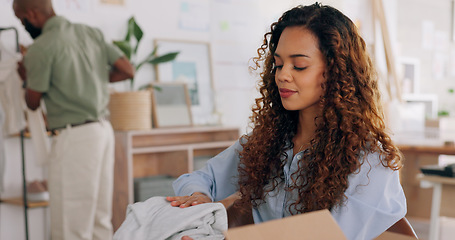 Image showing E commerce, delivery and employee packaging box, product or stock for commercial distribution, courier shipping or export. Ecommerce, retail package and black woman working in supply chain industry